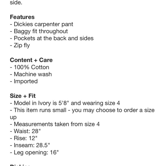 NWT Urban Outfitters Dickies White Carpenter Cargo Straight Leg Pants Women - Picture 7 of 7